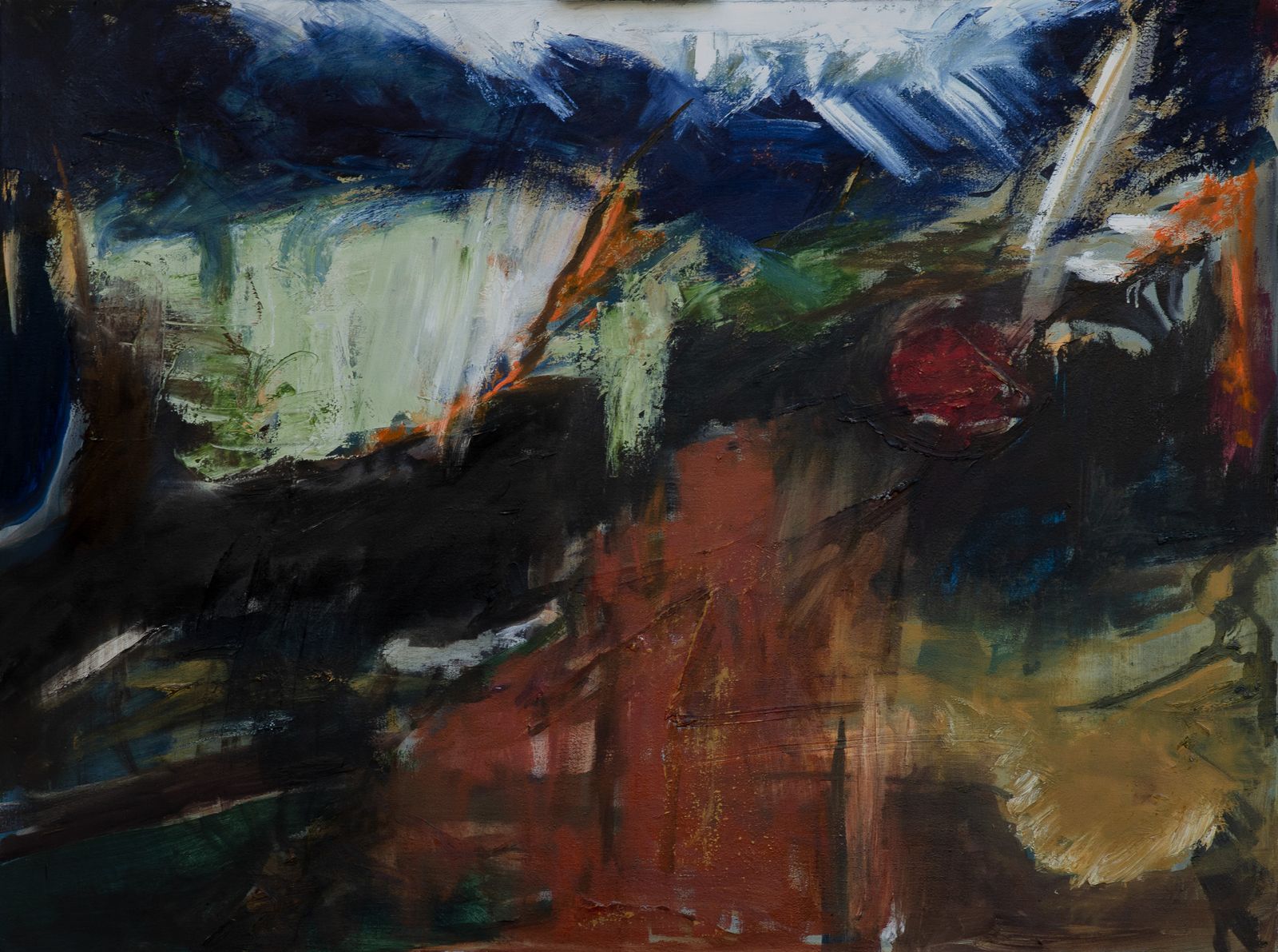 Dark horizontal landscape: navy band of sky, pale green planes, rust and ochre ground, one red spot.